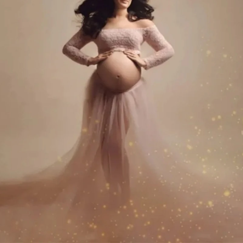 Maternity Sexy One Shoulder Front Slit Long Sleeved Dress for Pregnant Women Photo Photography Dress Ladies Dess Wedding Party