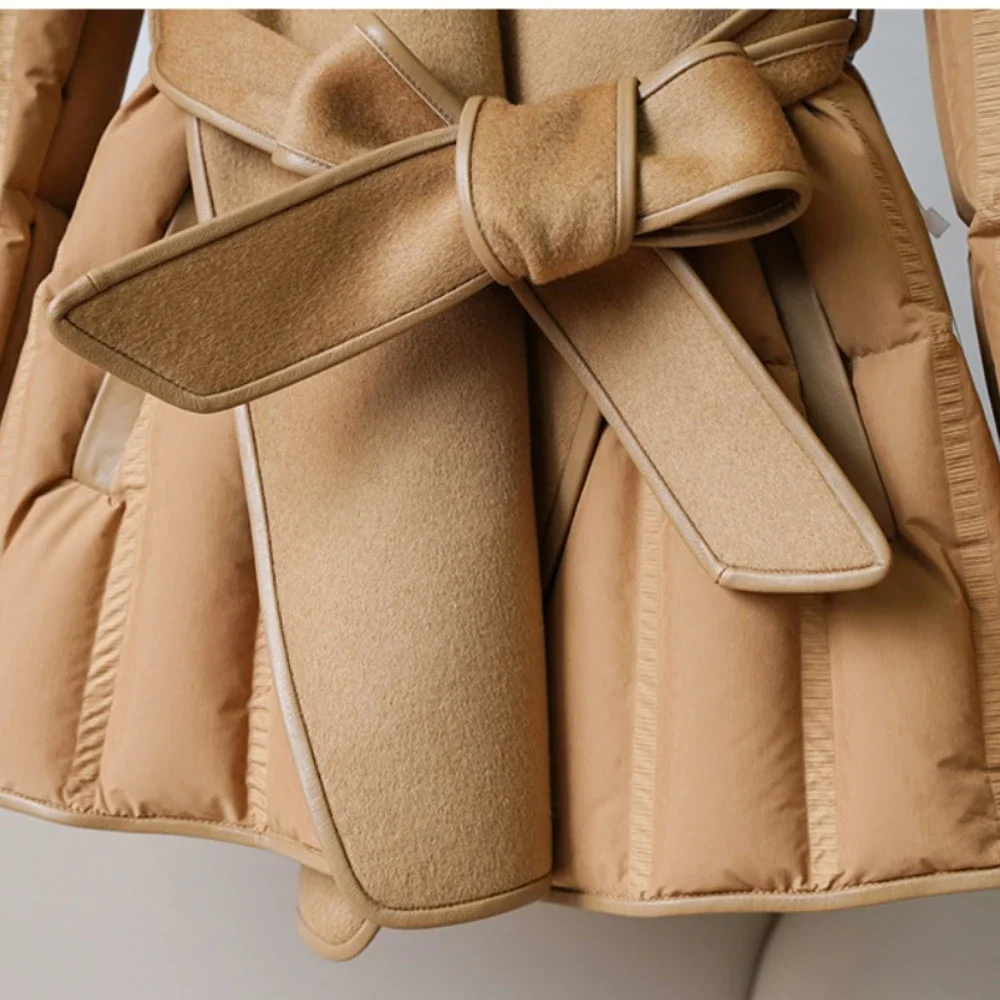 2025年冬 レディース ダウンジャケット ダックダウンコート ウールカシミヤ アウター ベルト付き パファージャケット 欧風ファッション 暖かい