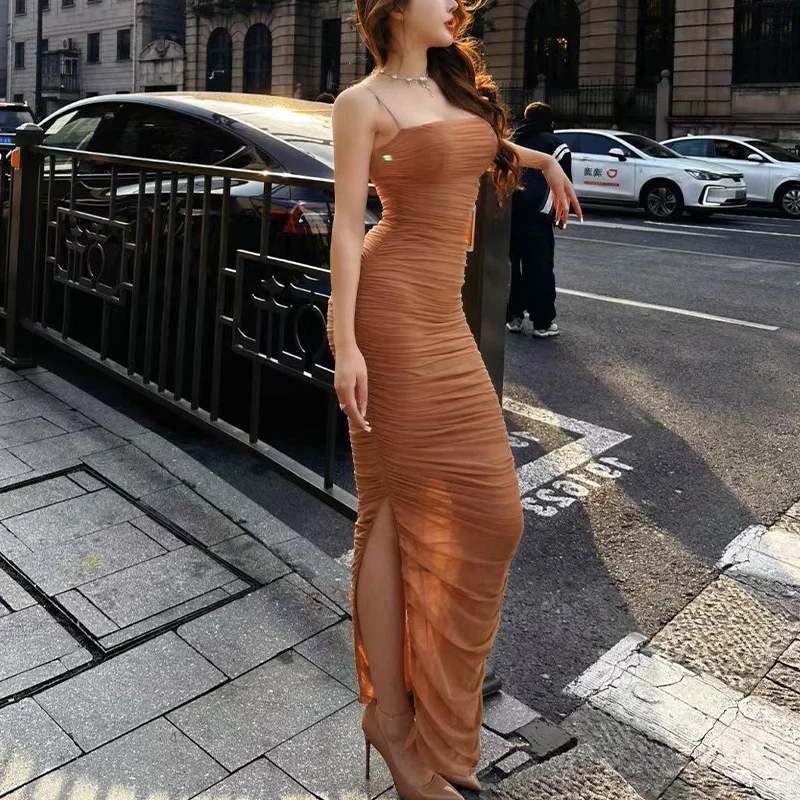 Vestido feminino malha franzido fino ajuste longo alça espaguete vestido elegante deve ter festas elegantes e banquetes noturnos