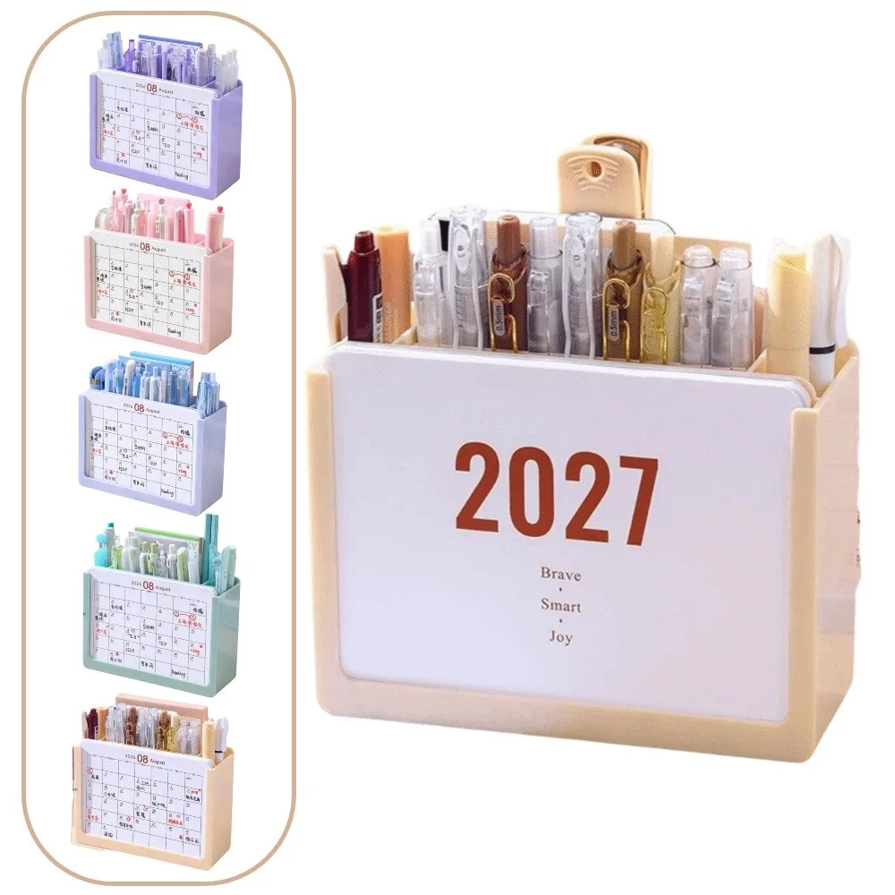 Space-Saving 2027 Desk Calendar Pen holder Plastic October 2026 - December 2027 Desktop Stationery Organizer Lightwight 3 Grids