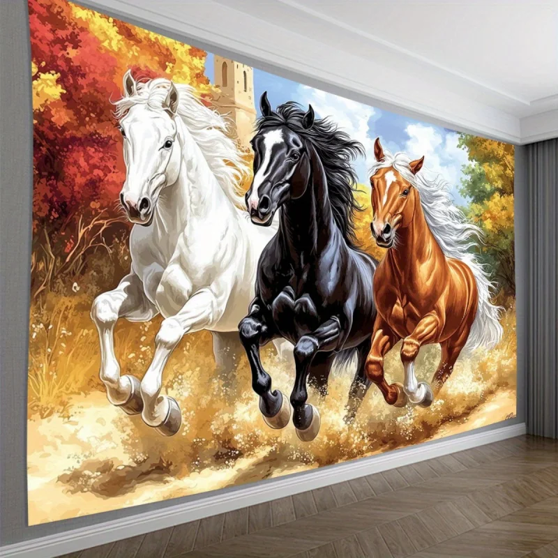 VIKAMA Dreifarbige Tapisserie mit galoppierenden Pferden, dynamische Herbstwaldkunst, Wandbehang für Wohnzimmer und Schlafzimmer, Wanddekoration