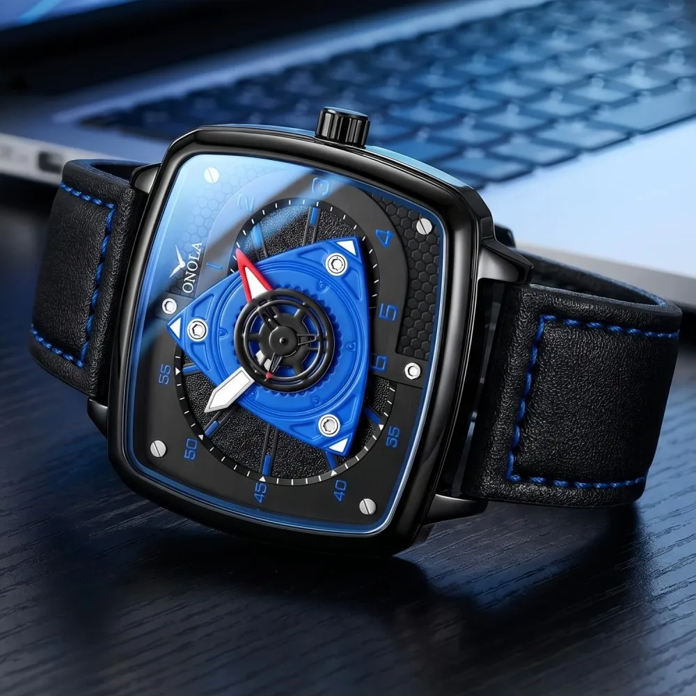 ONOLA Men's Watch Black Blue Racing Style Square Dial Watch Fashion Leather Strap Waterproof Wristwatch Man Reloj Hombre