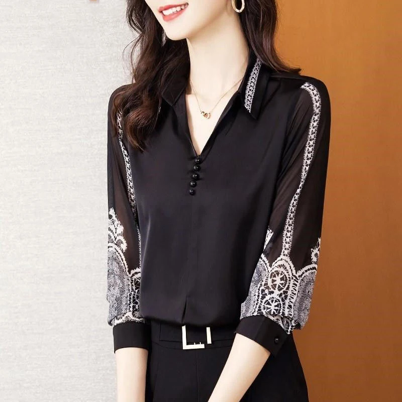 Elegant Chic Beaded Luxury Design Print Office Lady Commute Button Up Shirt Spring Autumn Women V Neck Long Sleeve Tops Blouses