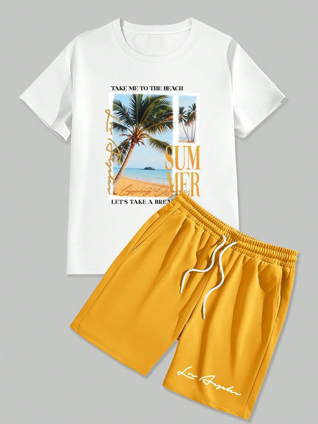

Two cool and breathable cute short-sleeved prints for summer boys, solid-colored shorts, and a casual birthday party suit