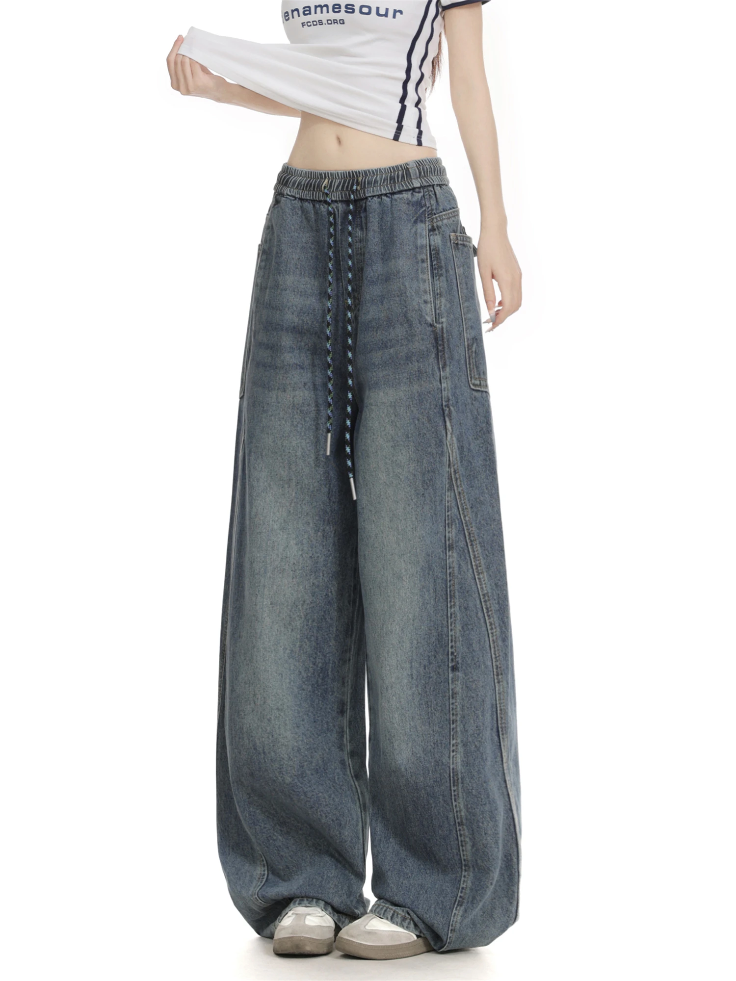 Женские уличные мешковатые джинсы Y2K, винтажные потертые джинсы с завязками на талии, брюки ide, повседневные модные брюки