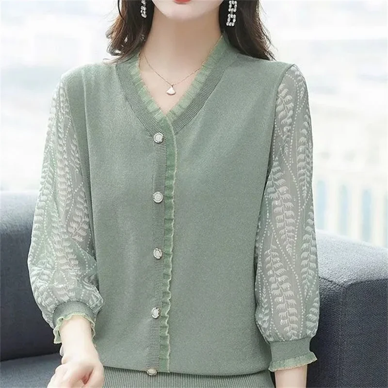 2023 New Spring Autumn Knitted Tops Middle-Aged Elderly Women\'s Blouse T-Shirt Female Chiffon Sleeve Elegant Bottoming Shirt