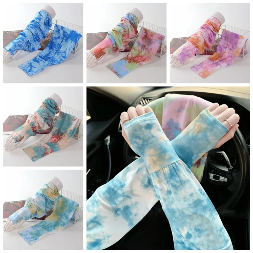 

Cute Tie Dyeing Long Ice Silk Sleeves Ethnic Style High Elastic Sunscreen Arm Covers Sun Protection Thin Cycling Gloves Outdoor