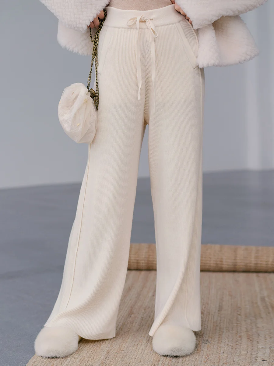 

Шерстяные вязаные брюки Bluwhite с поясом, длинные, широкие, с простым дизайном, для повседневной носки, в стиле Commute Wind