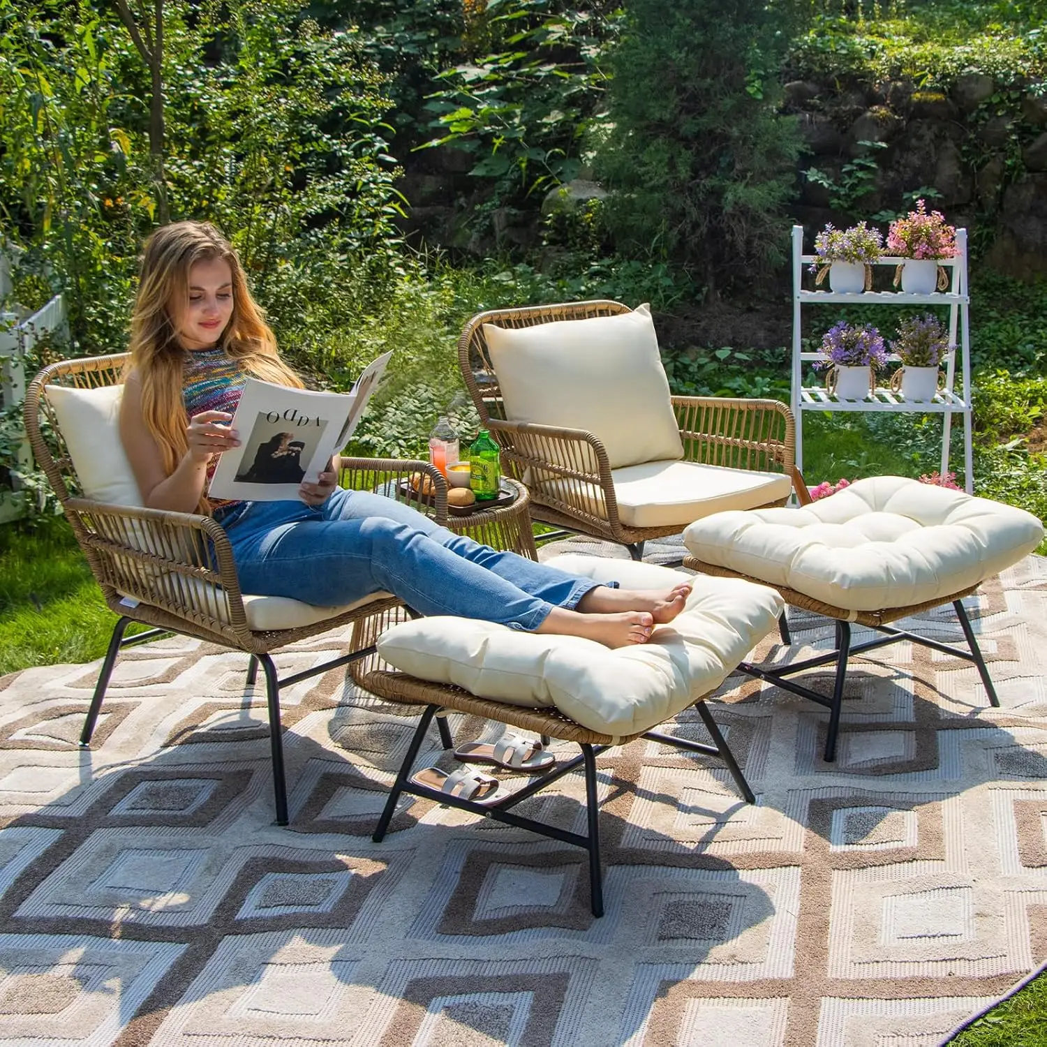 

5 Piece Boho Balcony Bistro Set, 500lbs Sturdy 2 Chairs w/Glass Table Ottoman Cushioned for Porch Apartment Beige