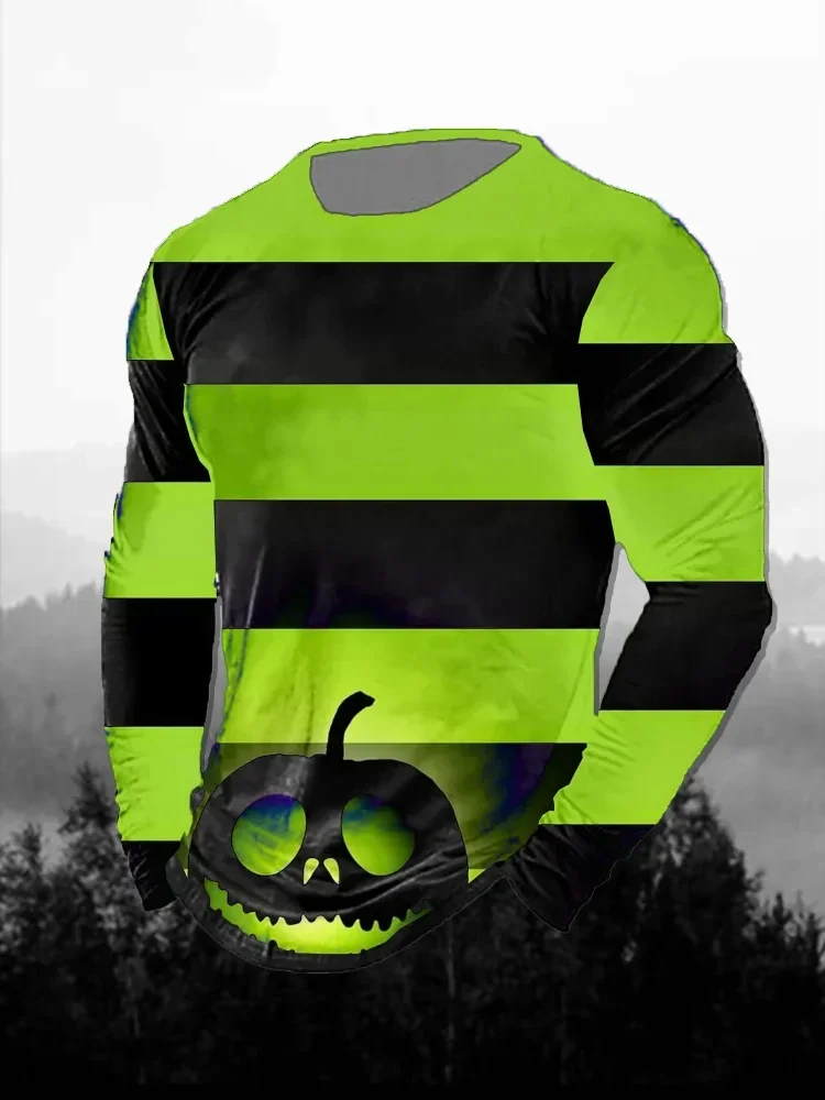 Men Halloween Horror Pumpkin Haunted House Night Scene 3D Print Long Sleeve T-shirt Polyester Fiber Casual Streetwear Party Tops