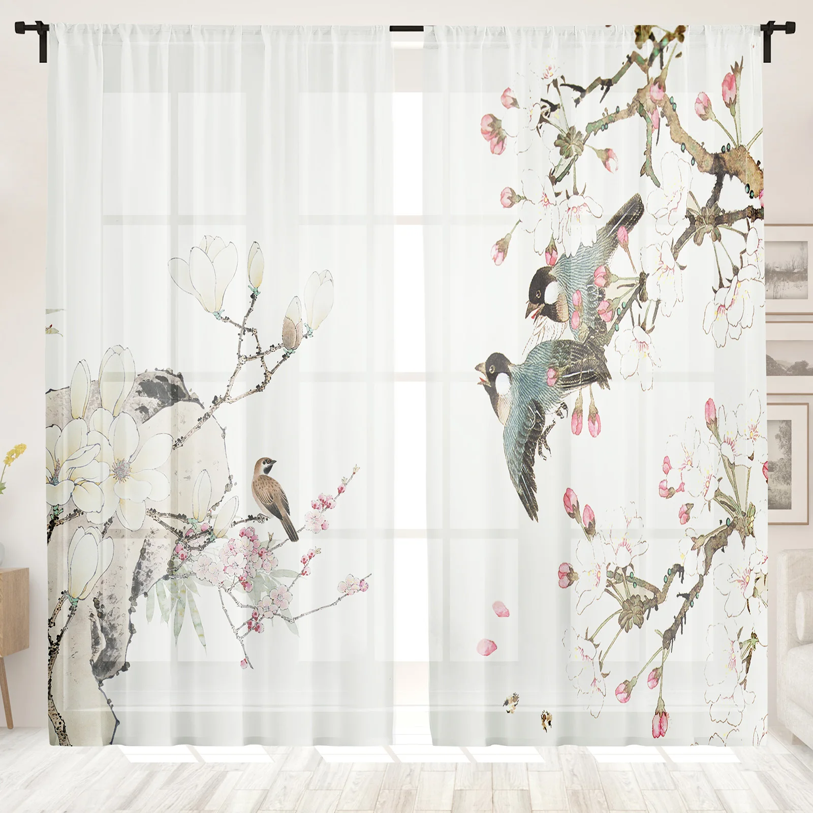 

Chinese Style Auspicious peach blossom Swallow Tulle Curtain Voile Transparent for Bedroom Living Room Kitchen Sheer Curtains