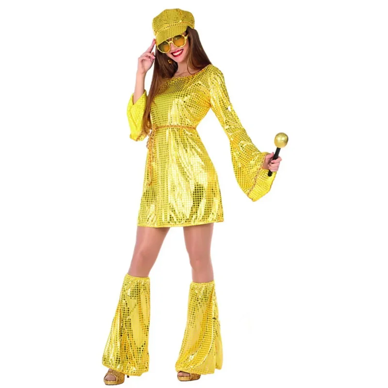 Phertiful 1960s Women Disco Costumes Party Outfits Dress Bling Bling Yellow