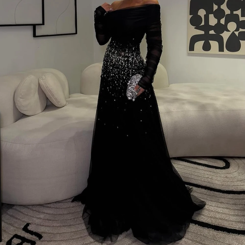 Customized Mermaid Evening Dresses Floor-length Off The Shoulder Full Sleeve Prom Gown Fashion Crystal Simple Draped Party Gown image 2