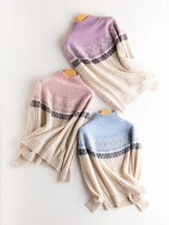Autunno Inverno Donna Maglione di Cachemire Mock Neck Pullover Jacquard Fair Isle 100% Cashmere Maglieria Spessa Manica Lunga Maglia Vintage
