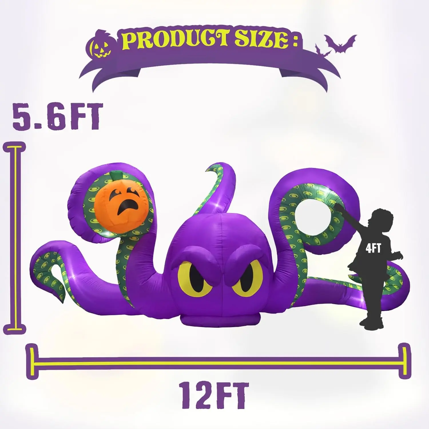 Halloween Inflatable 12Ft Giant Octopus with Purple Sticky Pumpkin and LED Light, Blow-Up Halloween Decor for Carnival, Party, Store, Outdoor, Yard, Lawn Decorations