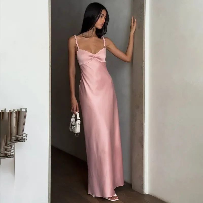 여성 등받이 새틴 슬링 댄스 파티 드레스 여성의 섹시한 민소매 핑크 슬림 드레스 여름 여성 해변 휴가 가운 Y2k