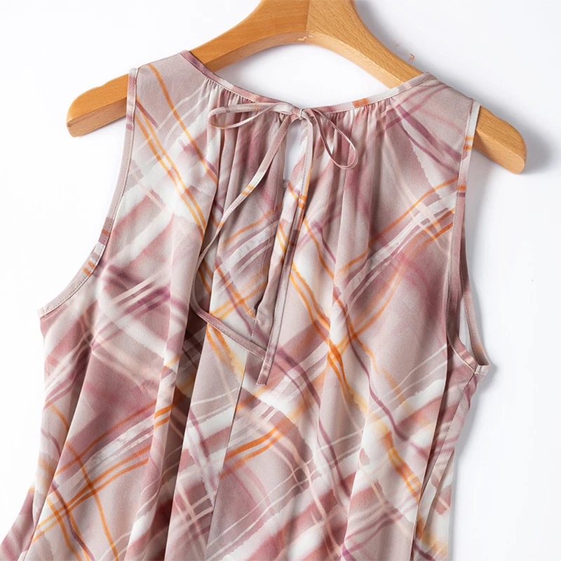 Damen-Trägerkleid aus Seide, 100 % Maulbeerseide, Kreppseide, 16 Momme, rosa Karos, bedruckt, ärmellos, A-Linie, Midikleid, Bürodame M1316