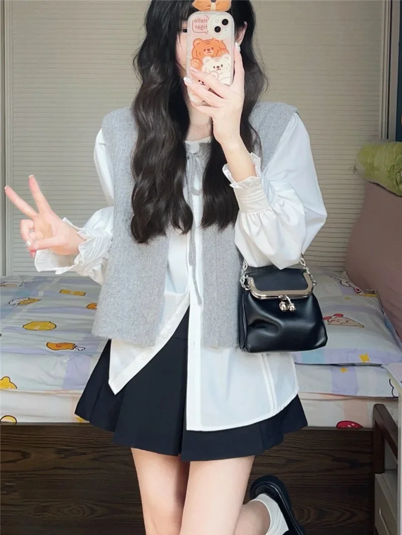 

2024 Spring Autumn 2 Piece Sleeveless Sweater Vest Women Blouse Female Girls Blouse Suits Robe Femme Vestido Sell Separately