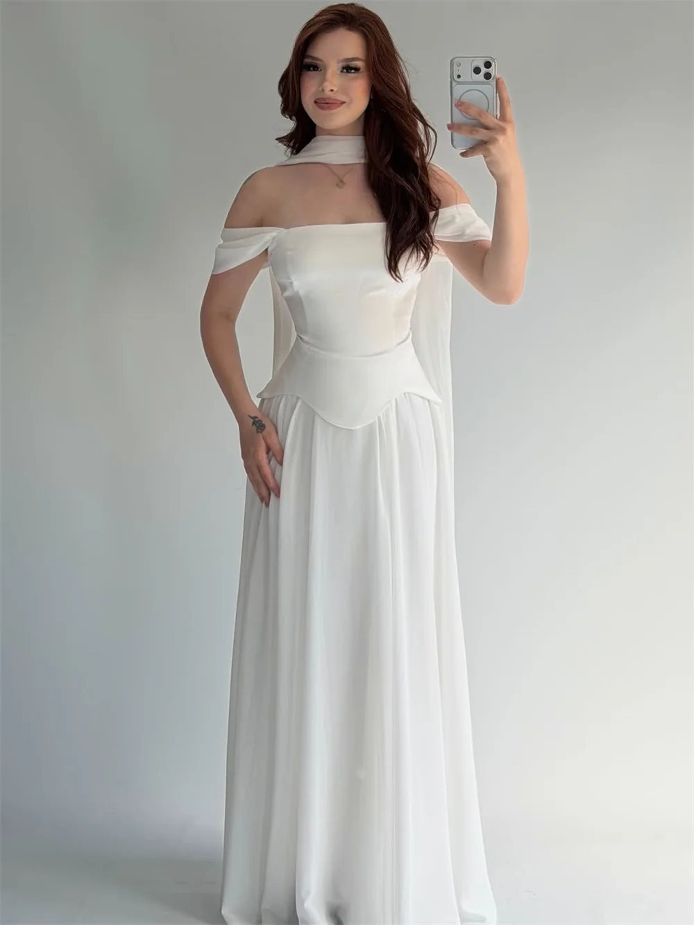Tokyo Off Shoulder White Corset Gown Maxi Dress Elegant Wedding Reception Evening Dress With Neck Scarf For Women Bridal Party