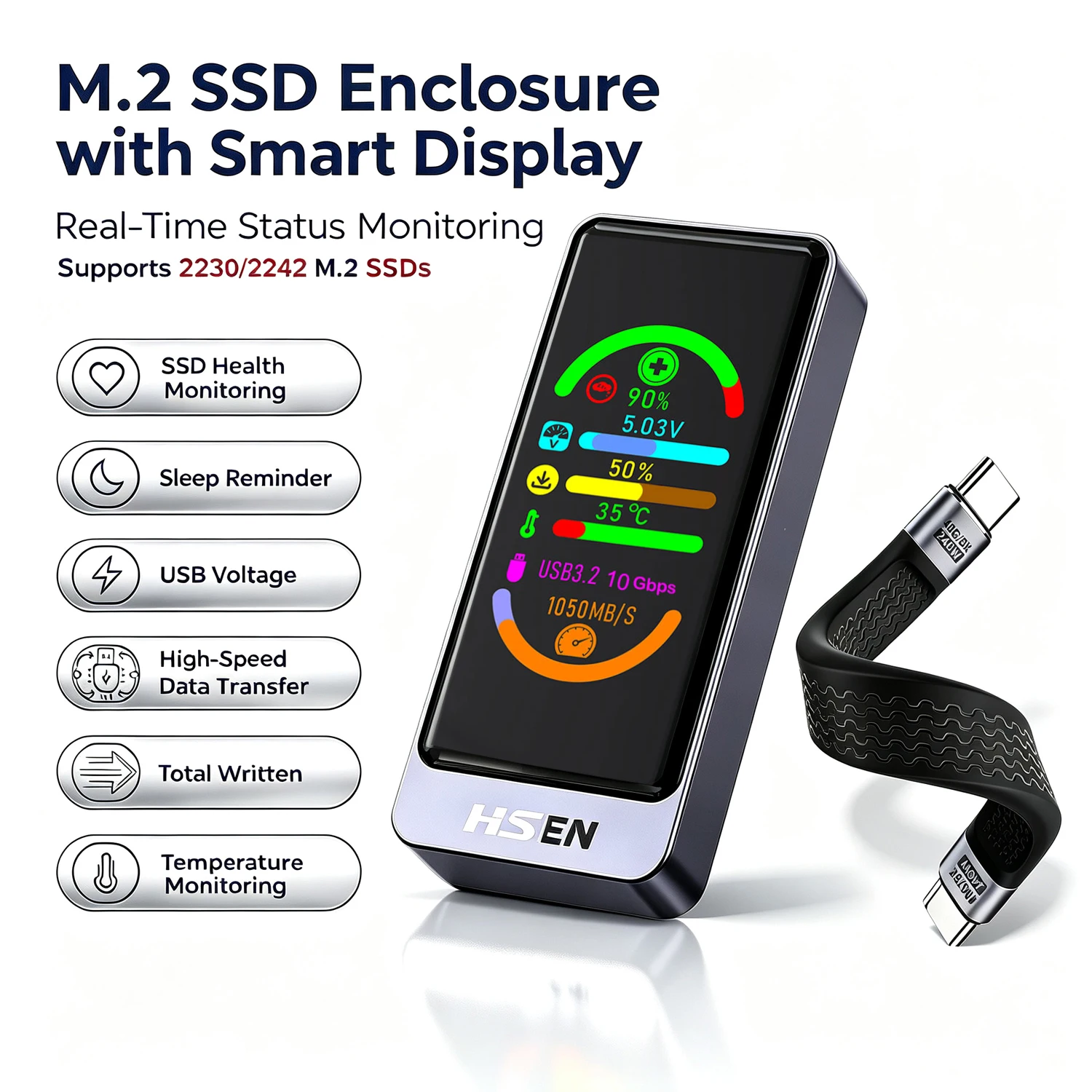 M.2 SSD-Gehäuse mit Smart-Display, 10Gbps externes SSD-Gehäuse, 2230/2242 Größen NVMe & SATA, tragbares Aluminium-Festplattengehäuse – Detail 1
