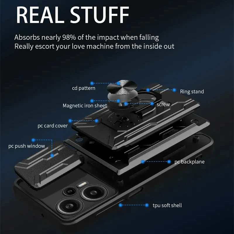 For Xiaomi Poco F5 Case Slide Camera Lens Protect Shockproof Armor Cases Xiaomi Poco Little F5 5G Card Slot Bracket Back Cover