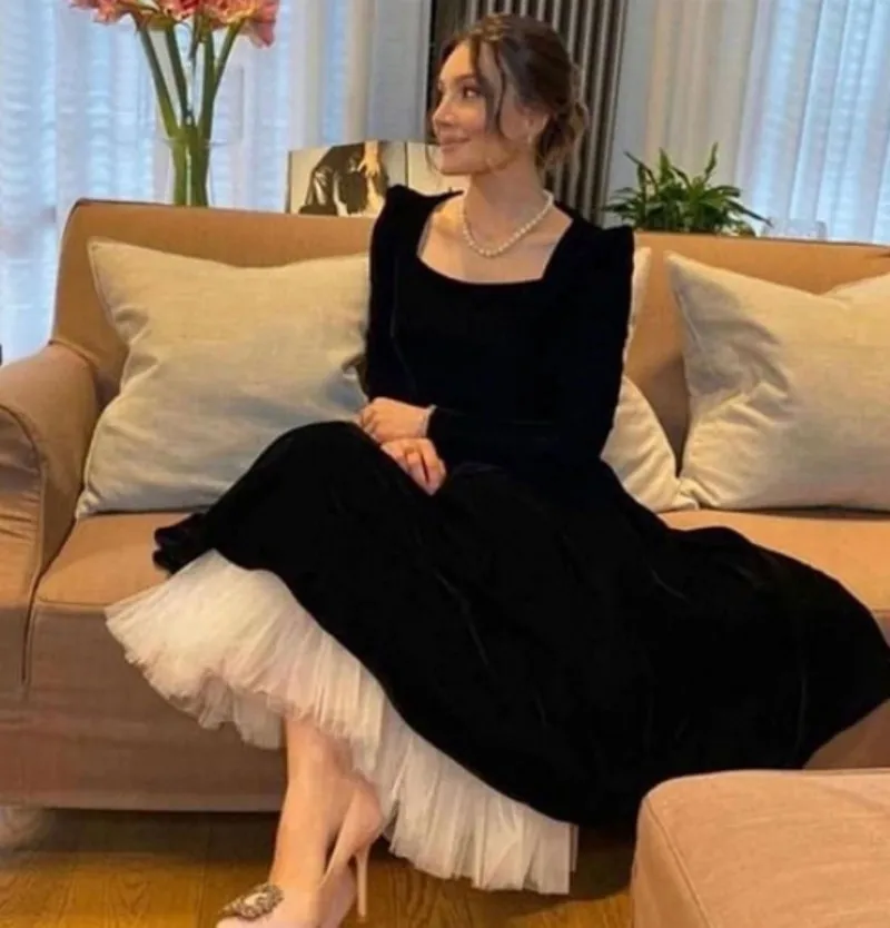 

Modest Black Velvet Short Prom Dresses Long Sleeve Square White Bottom Tea Length Evening Formal Gowns Vestidos Robes De Soirée