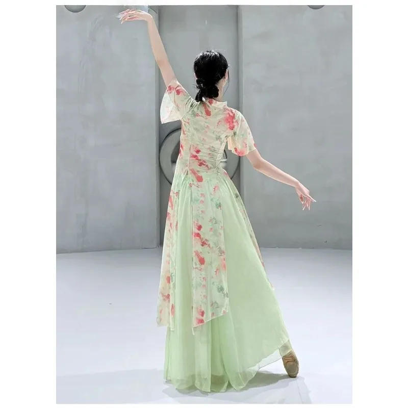 Chinese Style Cheongsam and Gauze Dress New Classical Dance Body Rhythm Traditional with Flowing Patterns Prints Vogue Beauty