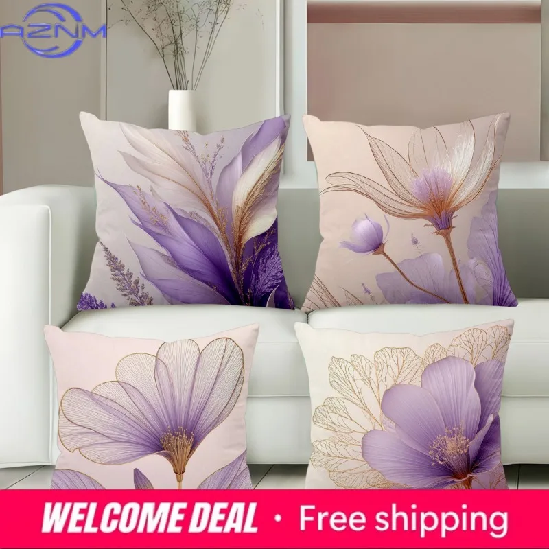 Purple Flower Printed Cushion Covers For Home Decor Polyester pillowcase, sofa decorative cushion cov Headboard Pillow