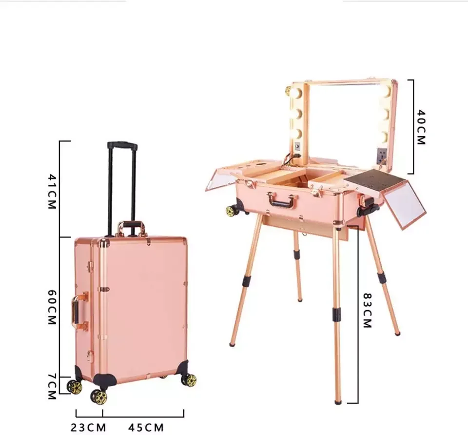 Rolling Makeup Case With Chair Dismountable LED Lights Vanity case With Free Standing Workstation For Professional Makeup Lover