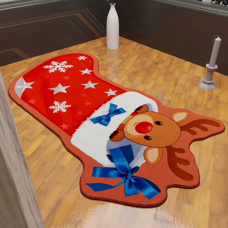VIKAMA Reindeer Christmas Stocking Floor Mat Irregular Soft Anti Slip Absorbent Carpet Entrance Home Decoration Door Mat