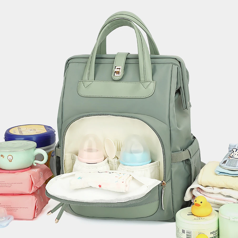 Diaper Bag Light Sage Green Casual Style Backpack Multi-Compartment Sleek Commute-Friendly Versatile For Mom Baby Care Daily Use