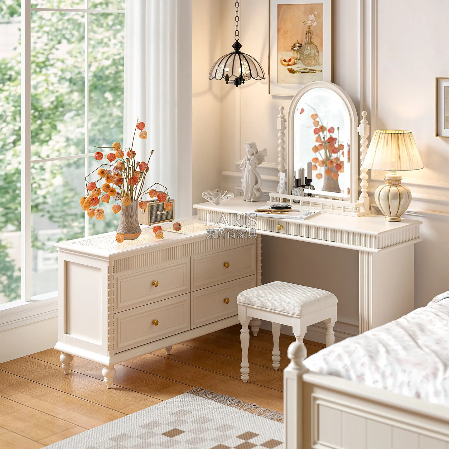Cream Wind Solid Wood Makeup Table Dresser Storage Bucket Cabinet Integrated French Bedroom Corner Dresser Retractable White