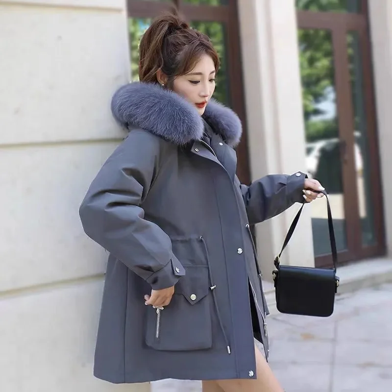 

Женские утепленные парки, новинка зимы 2024, куртка из хлопка с большим шерстяным воротником, женское Свободное пальто с капюшоном, женское повседневное длинное пальто