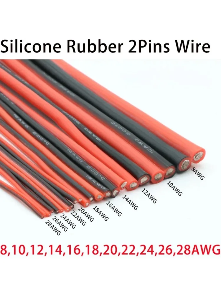Przewód elektryczny z miękkiego silikonu gumowego z miedzi, 2 żyły, czarno-czerwony, AWG 8 10 12 14 16 18 20 22 24 26 28, kabel połączeniowy do lamp i oświetlenia. — 2