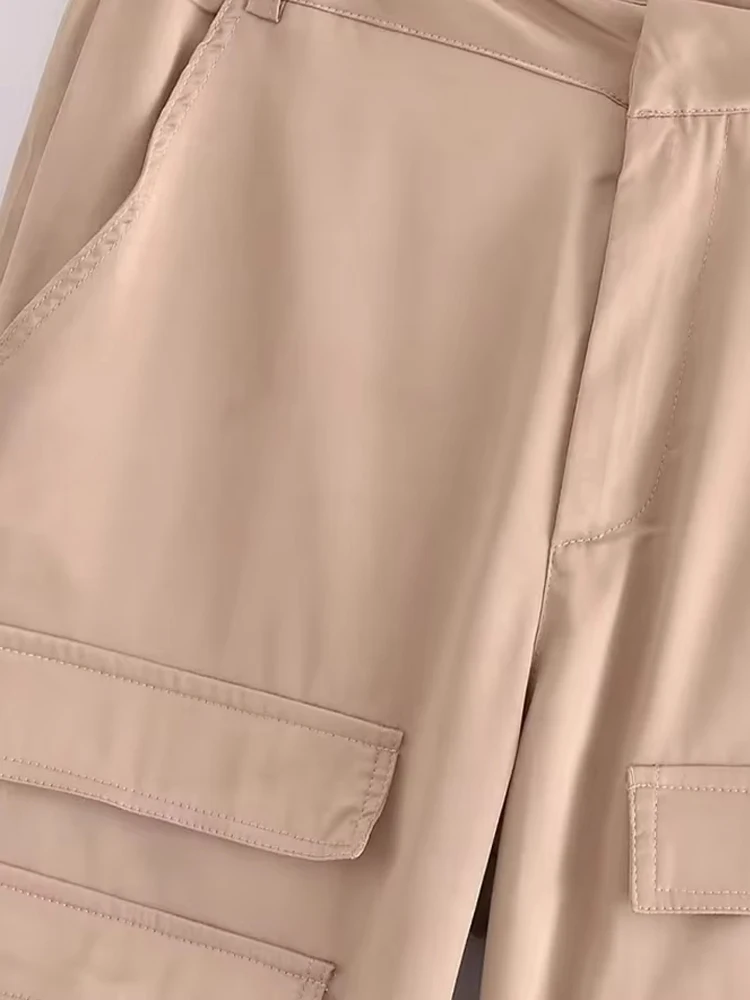 TRZA Women Fashion With Pockets Satin Cargo Pants Vintage High Waist Zipper Fly Female Trousers Mujer image 5