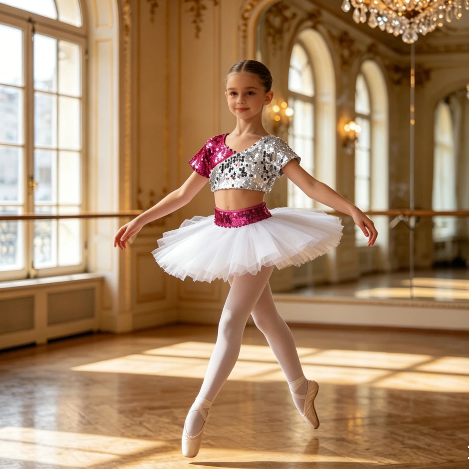 Girls Ballet Jazz Dance Outfit Short Sleeve Sequin Crop Top with Tulle Tutu Skirt Cheerleading Ballroom Salsa Modern Dancewear