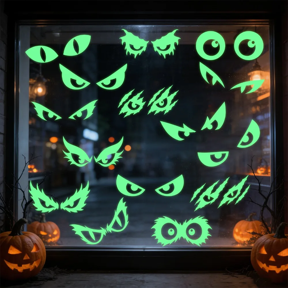 2 Sheet Fluorescent Halloween Luminous Wall Sticker Ghost Pumpkin Eye Pattern PVC Static-cling Stickers Green Light Wall Decals