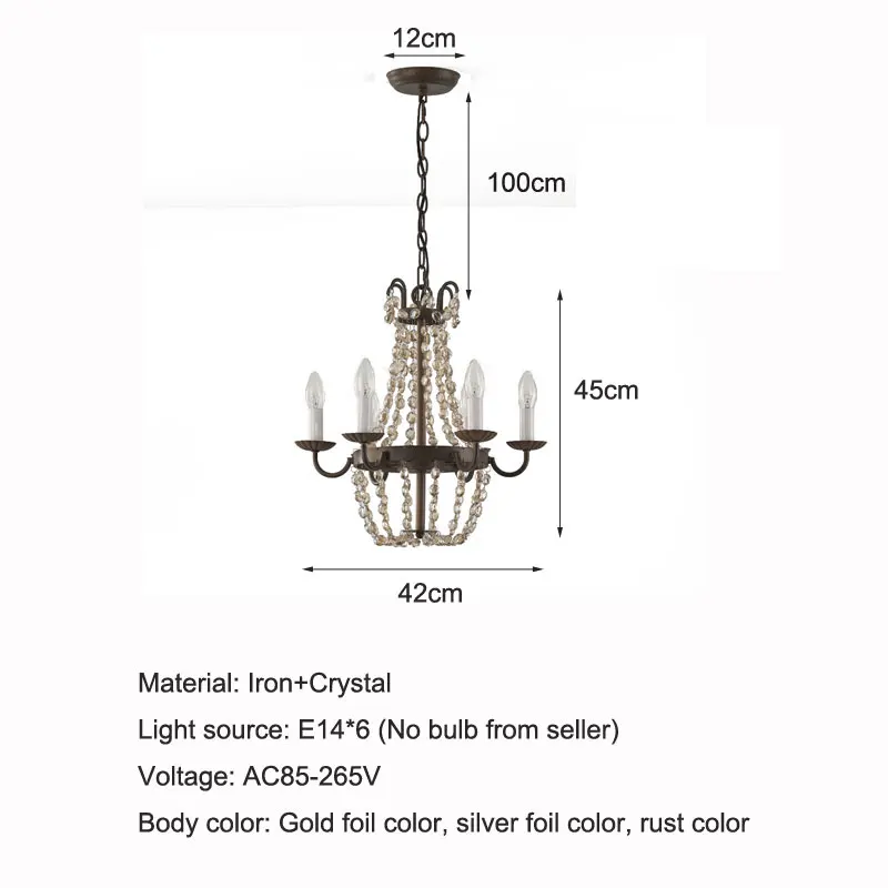 American Crystal Chandelier Iron Art Restaurant Living Room Bar Dining Room Kitchen Pendant Lamp Bedroom Retro Hanging Lamp
