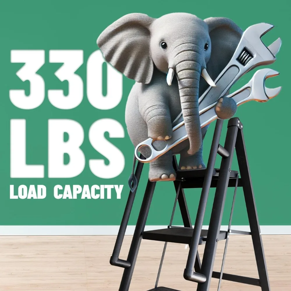 5 Step Folding Ladder with Handrails & Tool Bag, Heavy Duty 330lbs Capacity, Easy Storage Kitchen/Closet Ladder for Adults