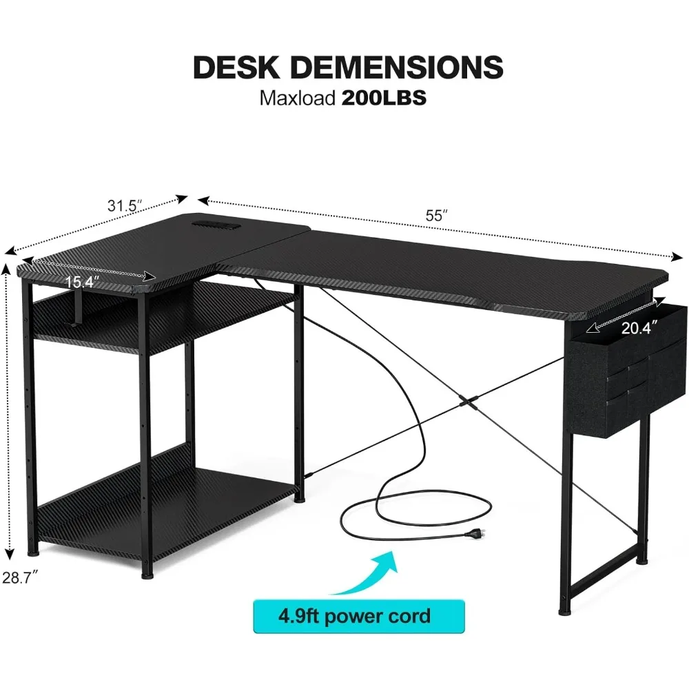 L-Shaped 55 Inch Gaming Desk with Power Outlets, Reversible Shelves, Storage, and Corner PC Desk Features