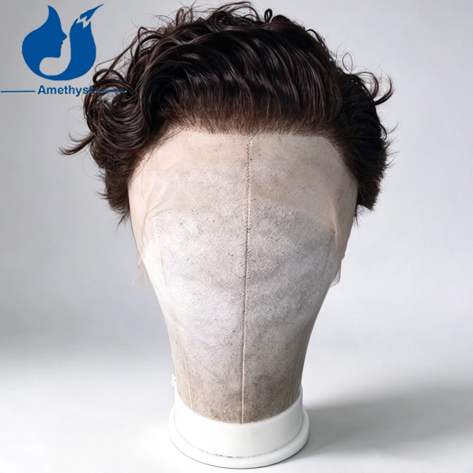 Amethyst Brazilian Curly Dark Brown Shaved Human Hair Wig for Men Short Pixie Cut Pre Plucked Full Lace Wig Wavy Pre Styled
