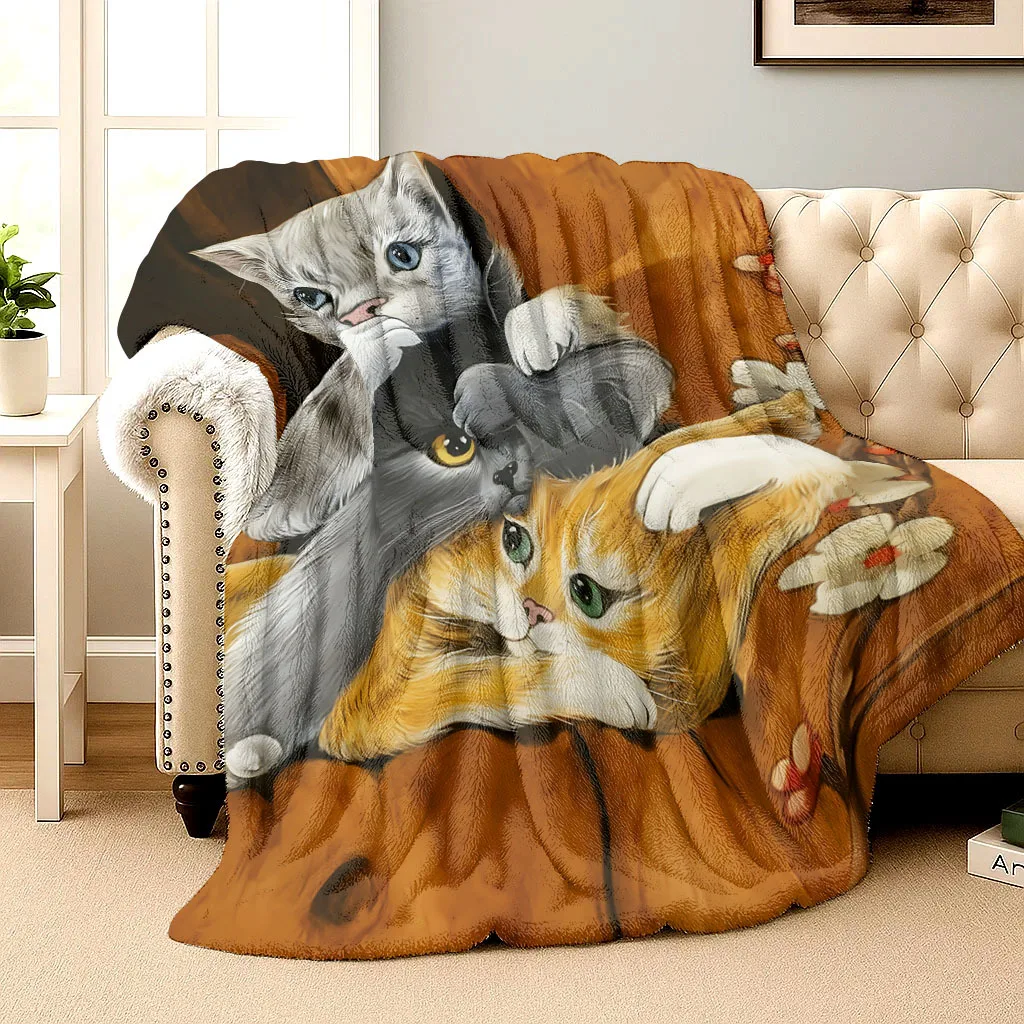 Warmth - Three Cats Theme Flannel printed blanket suitable for all seasons suitable for living room office sofa and travel