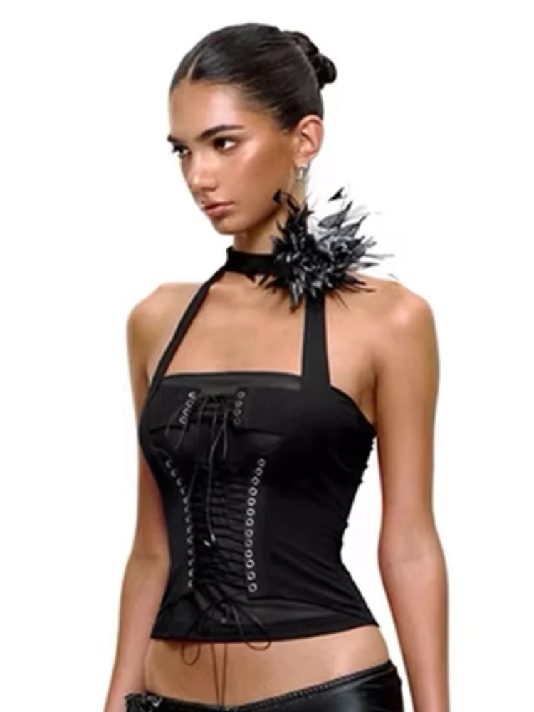 

Whatiwear, эластичная майка с открытой спиной, женская металлическая полая сексуальная бретелька в стиле пэчворк, дикая гофрировка, без рукавов, уличная одежда для полуночной вечеринки