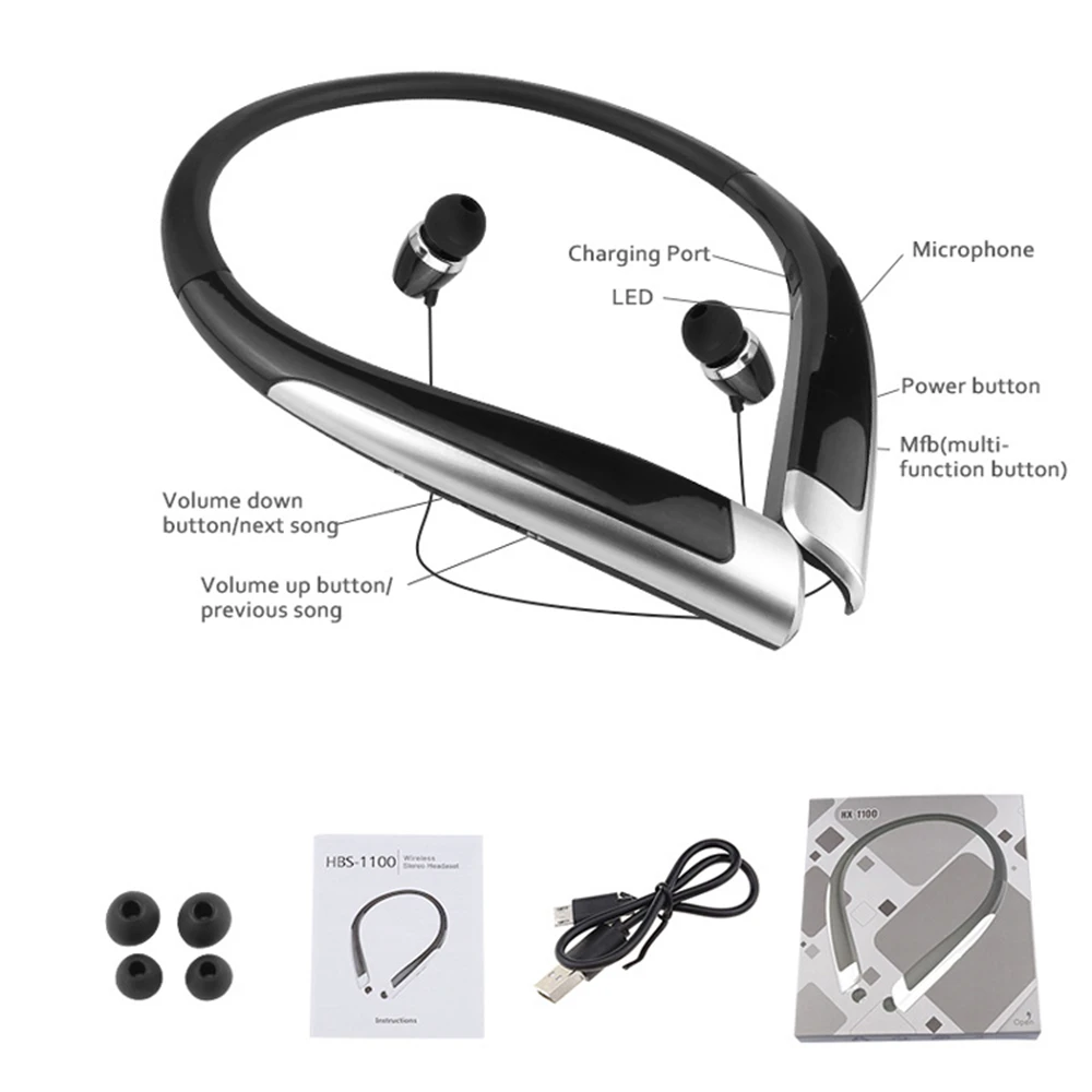 HBS-1100 Stereo Bluetooth Headphone Binaural Hand-Free Neckband Earphones Fashion Mini Wireless Headset universal Android IPhone