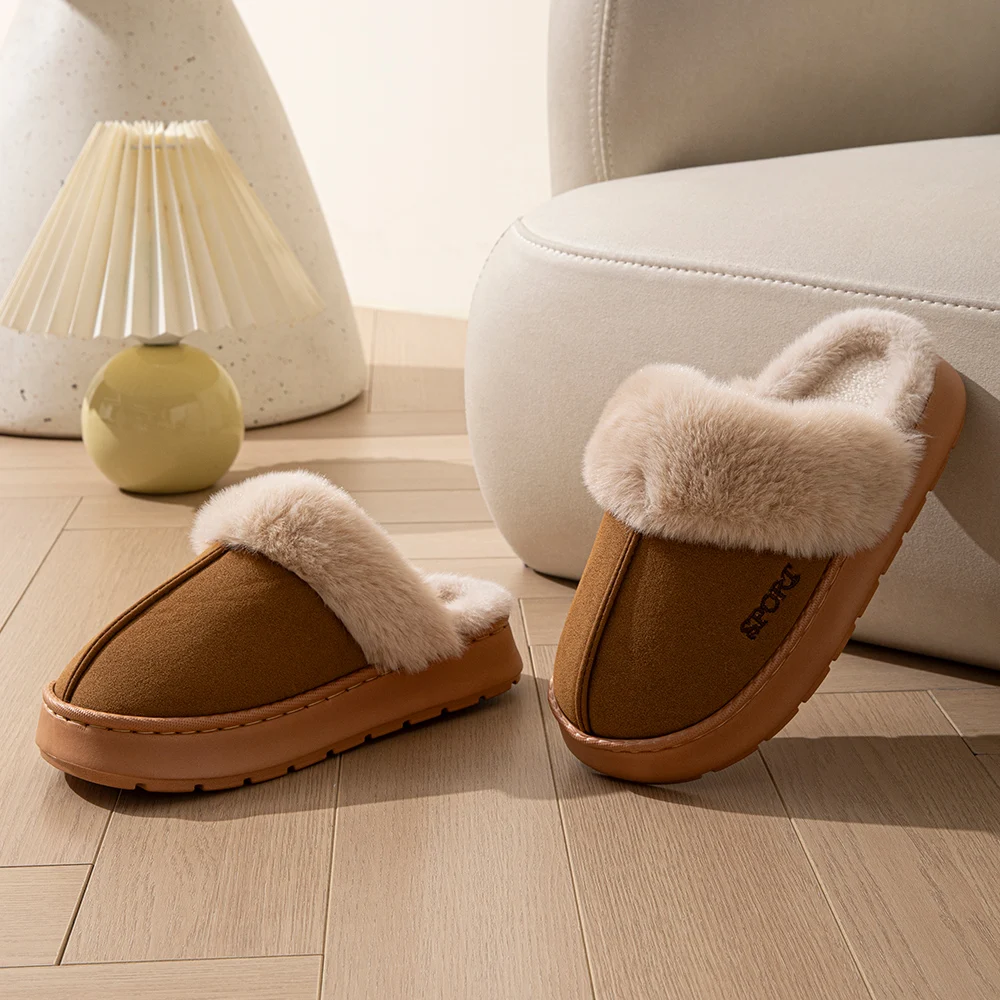 Winterwarme Hausschuhe für Damen, weiches Kunstfellkragen-Design, Plüschfutter, dicke, rutschfeste Sohle, für den Innenbereich, Schlafzimmer, Zuhause, Paar-Schuhe. – Detail 4
