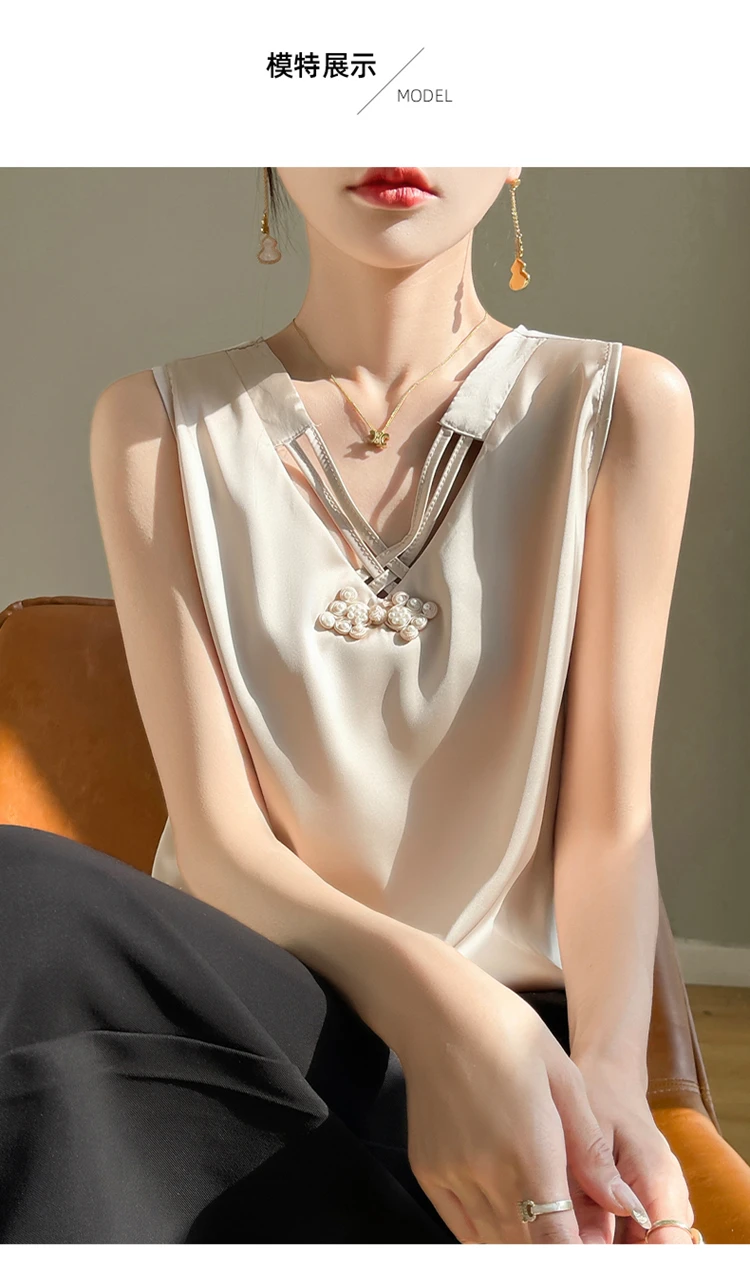 

Весенние и летние топы, рубашки из шелкового атласа, женские жилеты, шелковый низ на подтяжках, универсальные французские свободные топы без рукавов для женщин