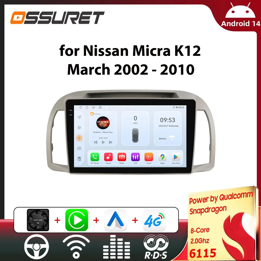 Autoradio für Nissan March Micra K12 2002–2010, kabelloses Carplay, Android Auto, GPS, Stereo, RDS, Autoradio, 4G, DSP von Snapdragon 6115