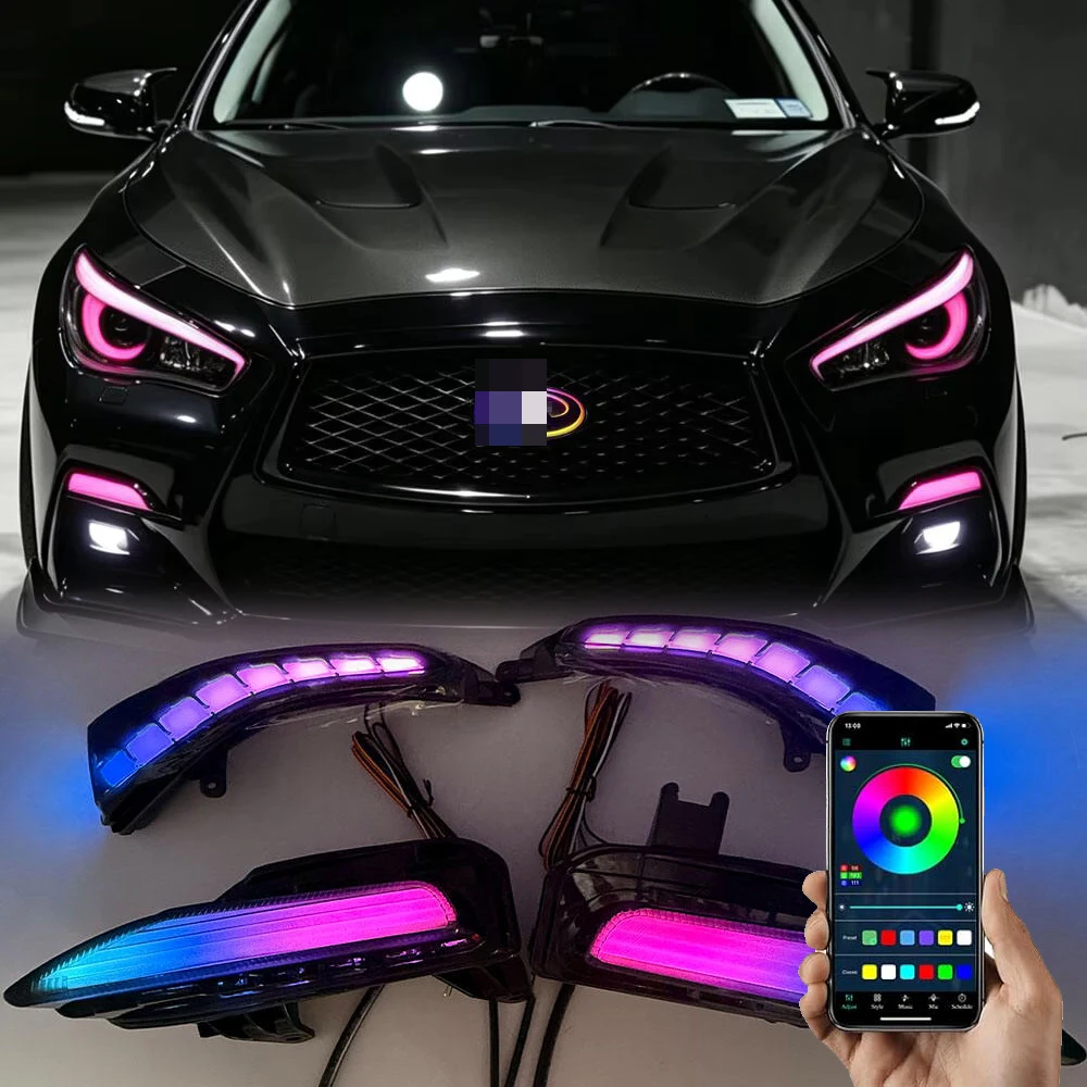 

4pcs LED Flash RGB Multi-Color Front Side Mirror Turn Signal Light Bumper Indicator Fog Lamp for Infiniti Q50 2014-2024