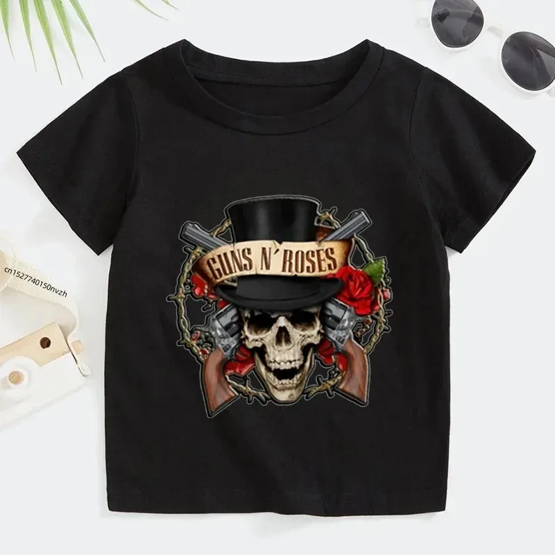 Cotton Casual 3T~ 14T Rock Band Gun N Rose Children\'s T-Shirt Boys and Girls Kpop Music Short Sleeve Top Children