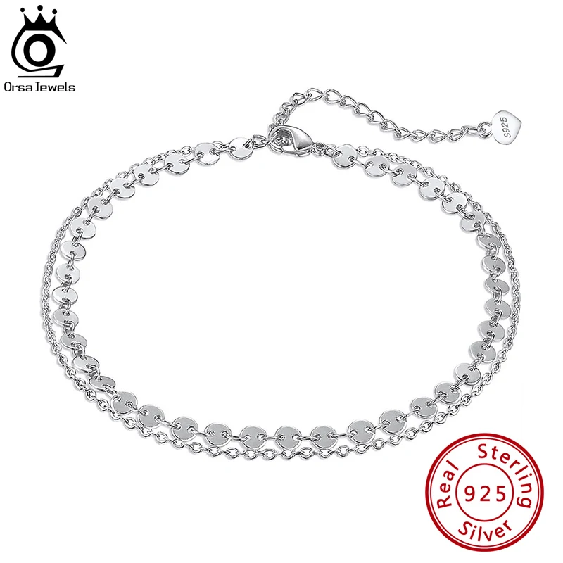 ORSA JEWELS 925 Silver Simple Essential Link Anklets Layered 4mm Silver Coin Cable Chain Anklet Women Vacation Jewelry Gift SA15